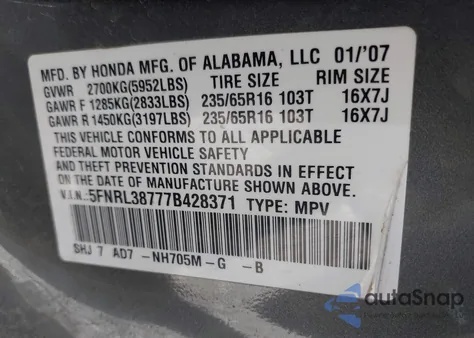2007 Honda Odyssey Ex-L from USA, damaged, VIN 5FNRL38777B428371